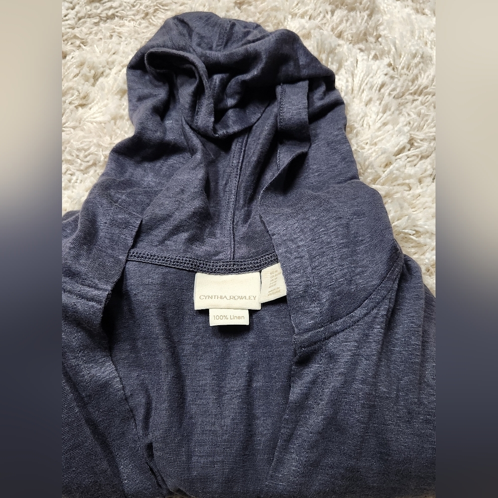 Cynthia Rowley Linen Navy Blue Long Sleeve Open Front Hooded Cardigan Sweater M - Picture 9 of 12